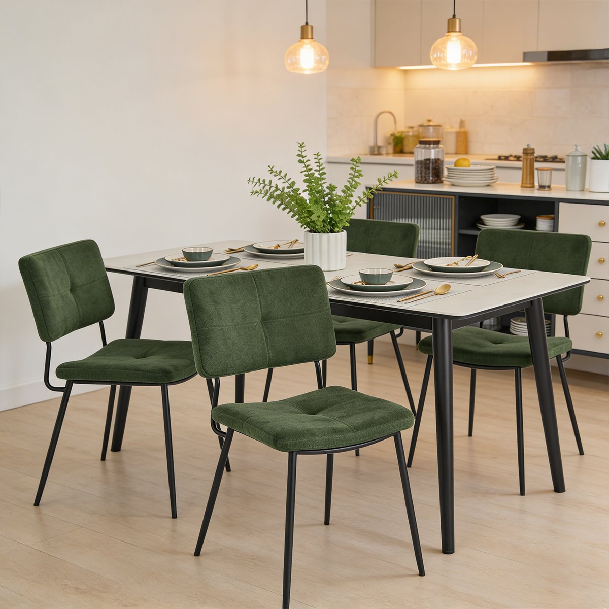 Lot de 4 chaises de salle à manger en tissu vert style industriel, KAROMI vert, MEUBLES COSY