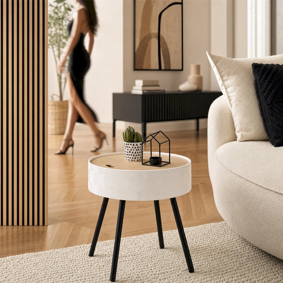 Table basse ronde GIKOBLE en bois avec rangement blanc noir et bois naturel, RECOLLECTION