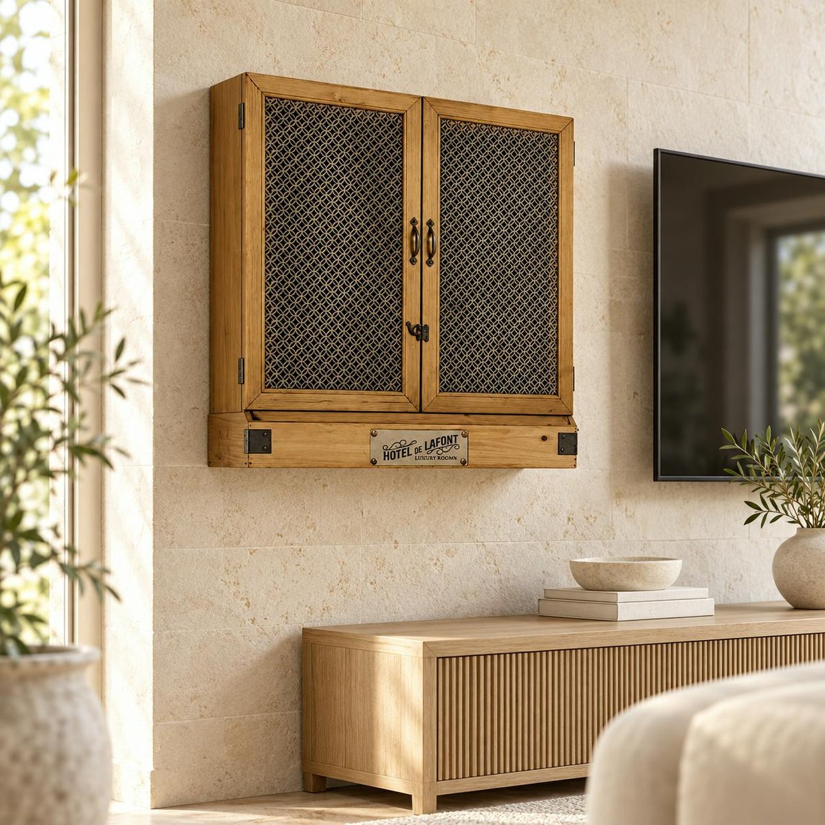 Tableau mural vintage déco 2 portes LAMPHUN bois naturel, PIER IMPORT