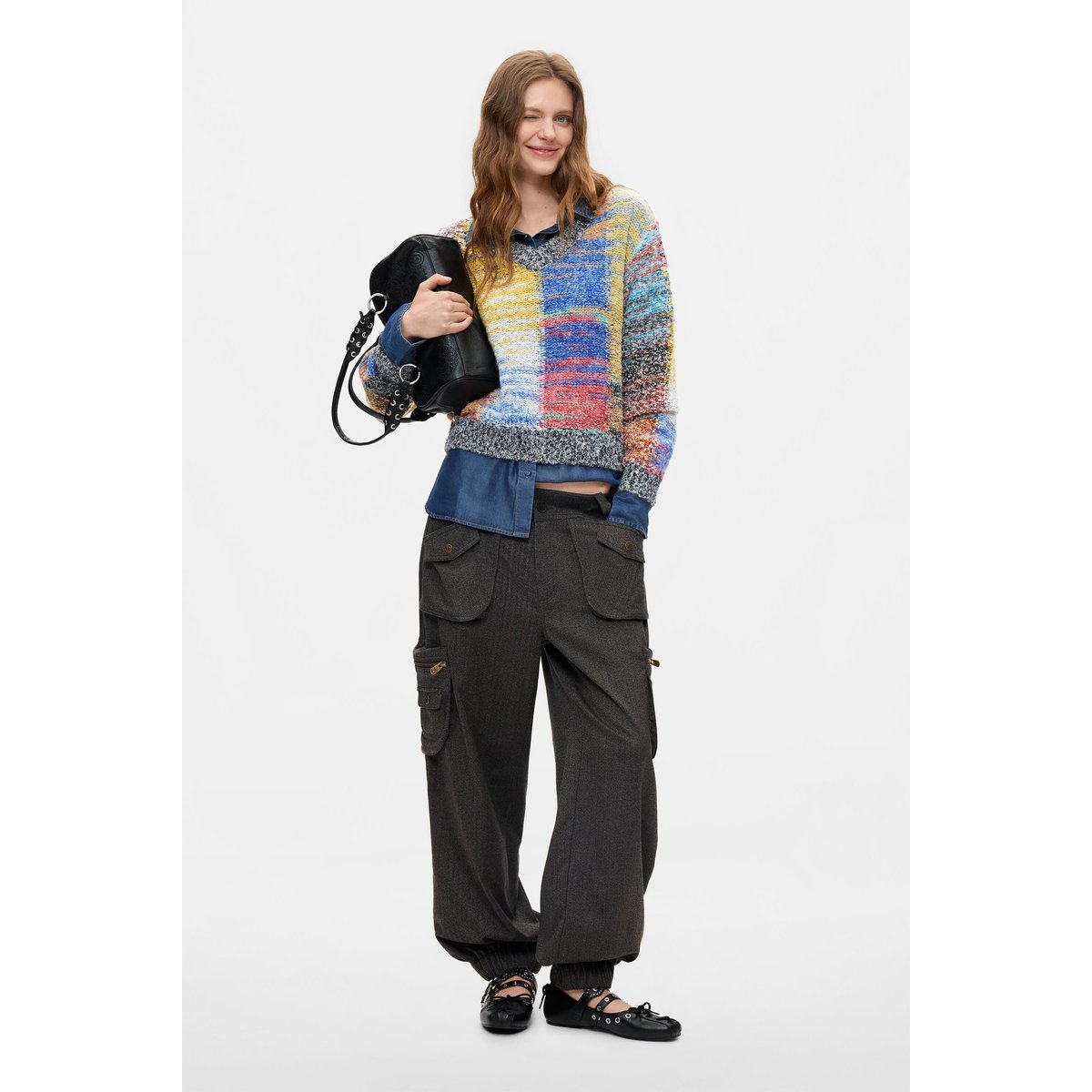 Pull court en grosse maille rouge, DESIGUAL