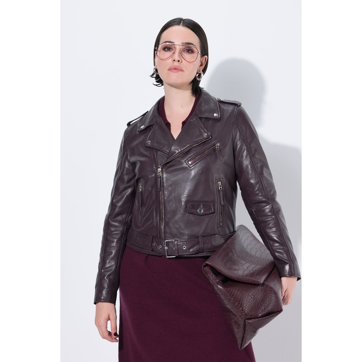 Veste en cuir style motard rouge vin foncé, ULLA POPKEN