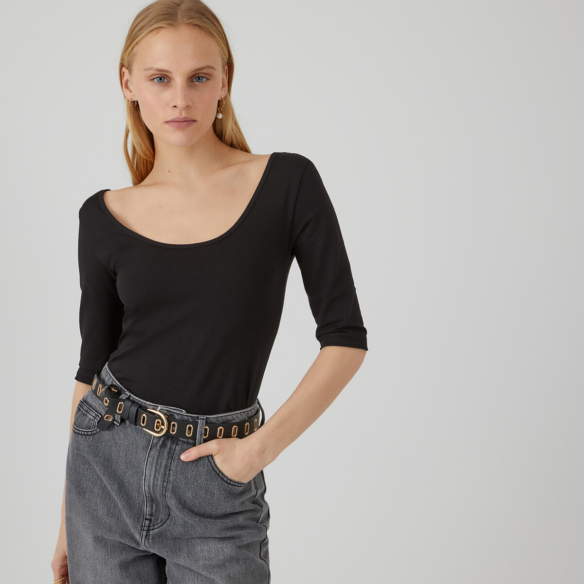 T-shirt met wijde hals zwart, LA REDOUTE COLLECTIONS