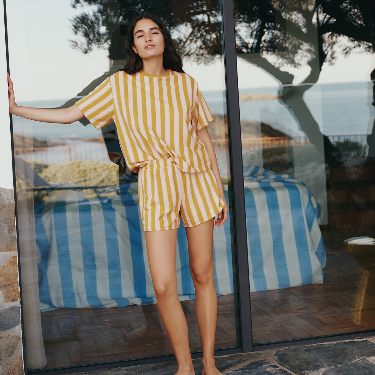 Pyjashort rayé, en maille éponge rayé rose/camel, LA REDOUTE COLLECTIONS