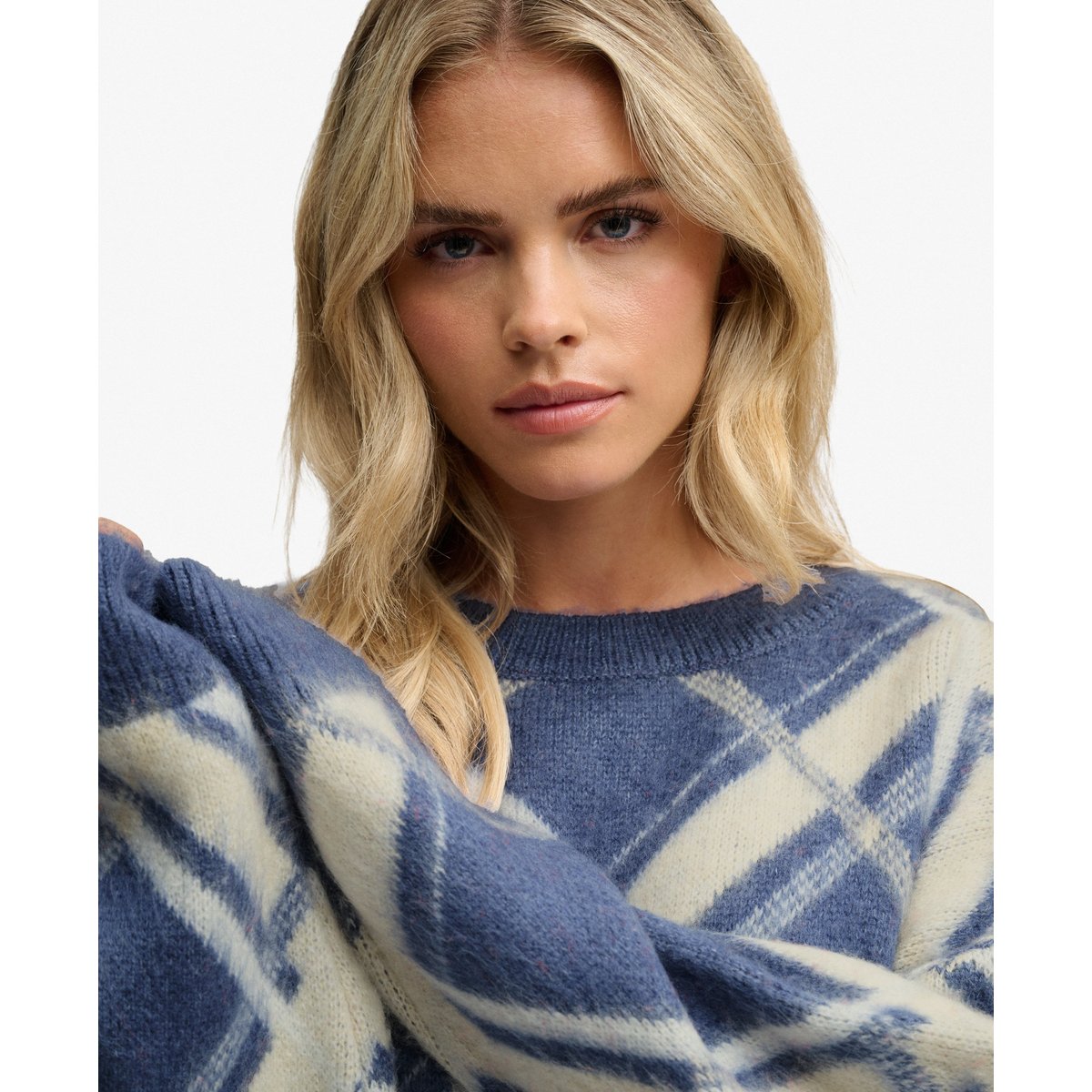Pull Check Jacquard Brossé Coupe Décontractée carreaux bleu marine et beige, SUPERDRY