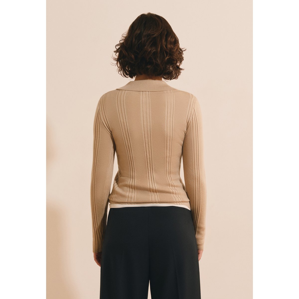 Pull manches longues à col polo STUART beige, ETAM