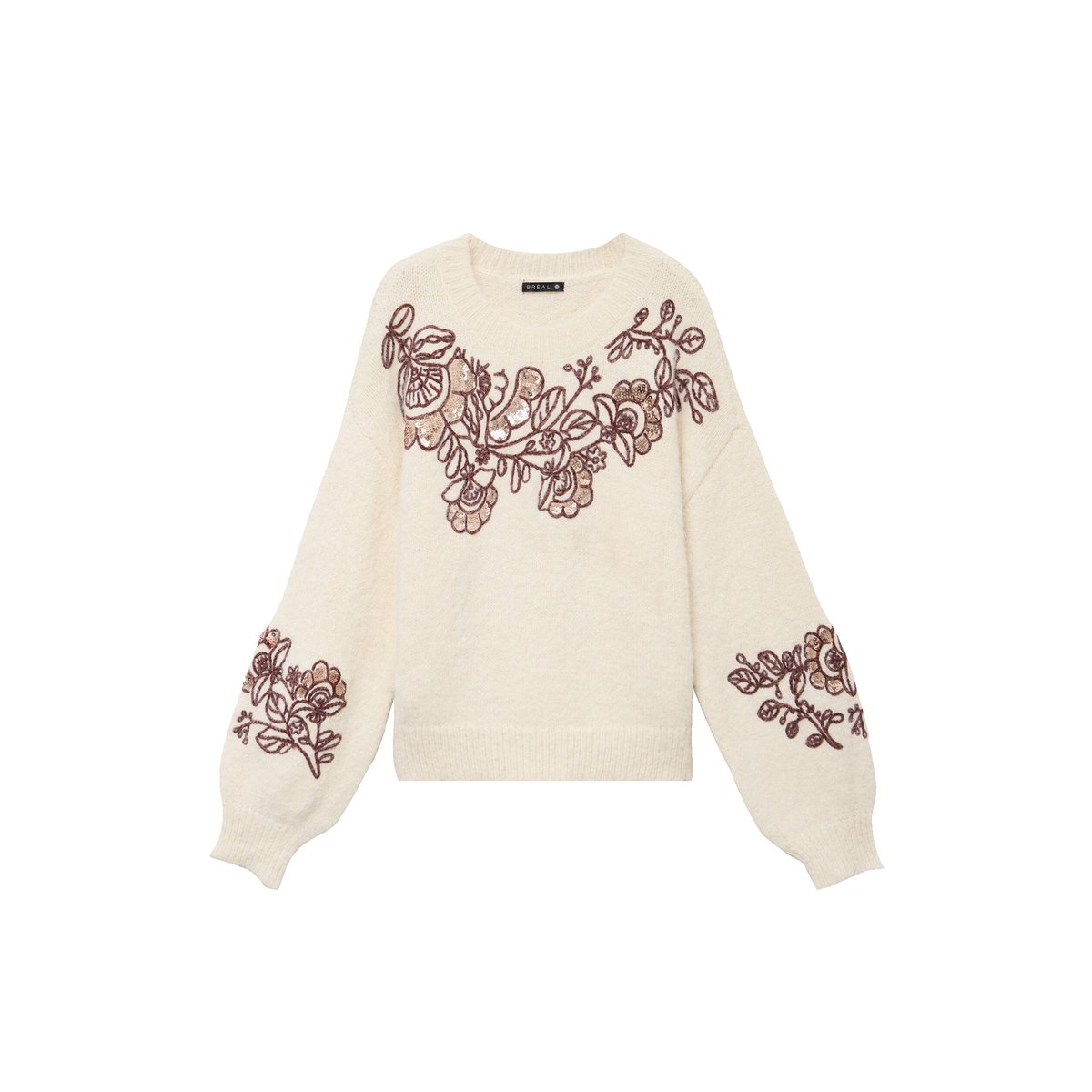 Pull col rond brodé à sequins ecru, BREAL