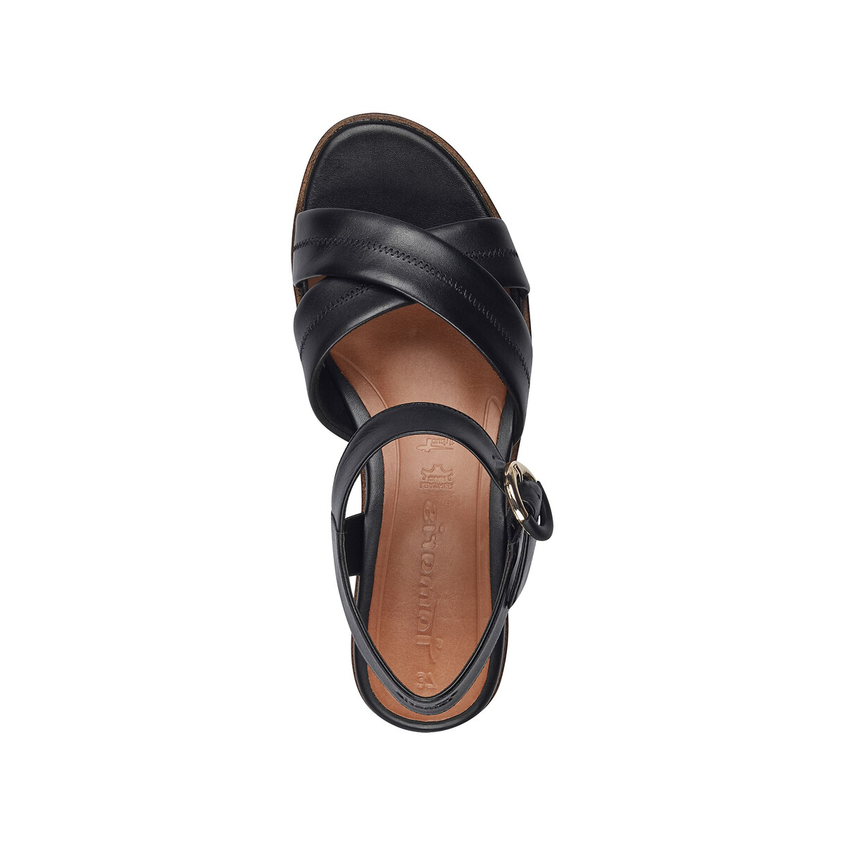 Sandales compensées en cuir noir, TAMARIS
