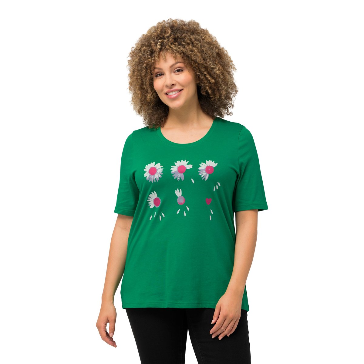T-shirt à fleurs. Coupe Classic Fit. Col vert émeraude, ULLA POPKEN