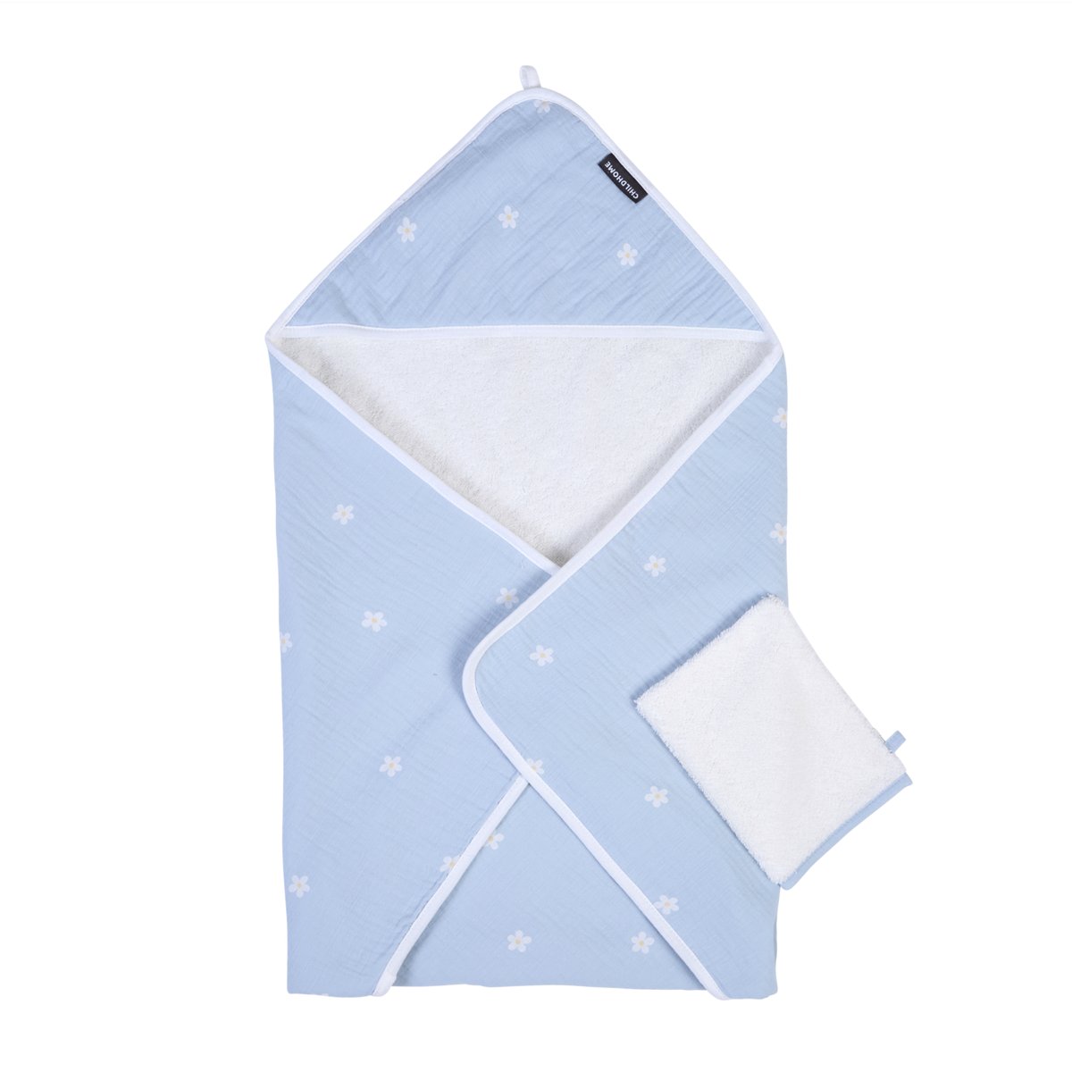 Cape de bain + gant 80 x 80 cm fleur bleu, CHILDHOME