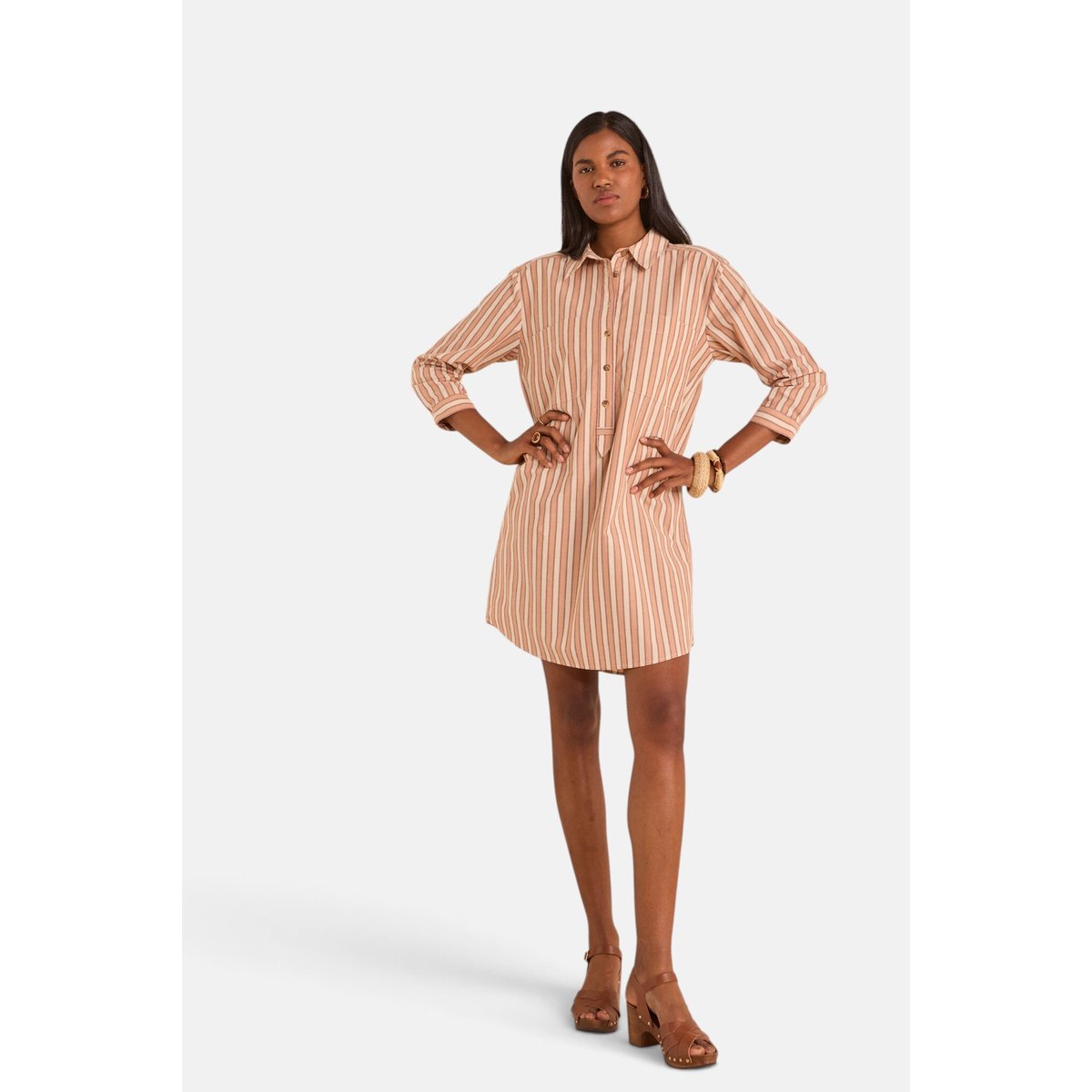 Robe chemise rayée en coton LISEA brique, Maison 123