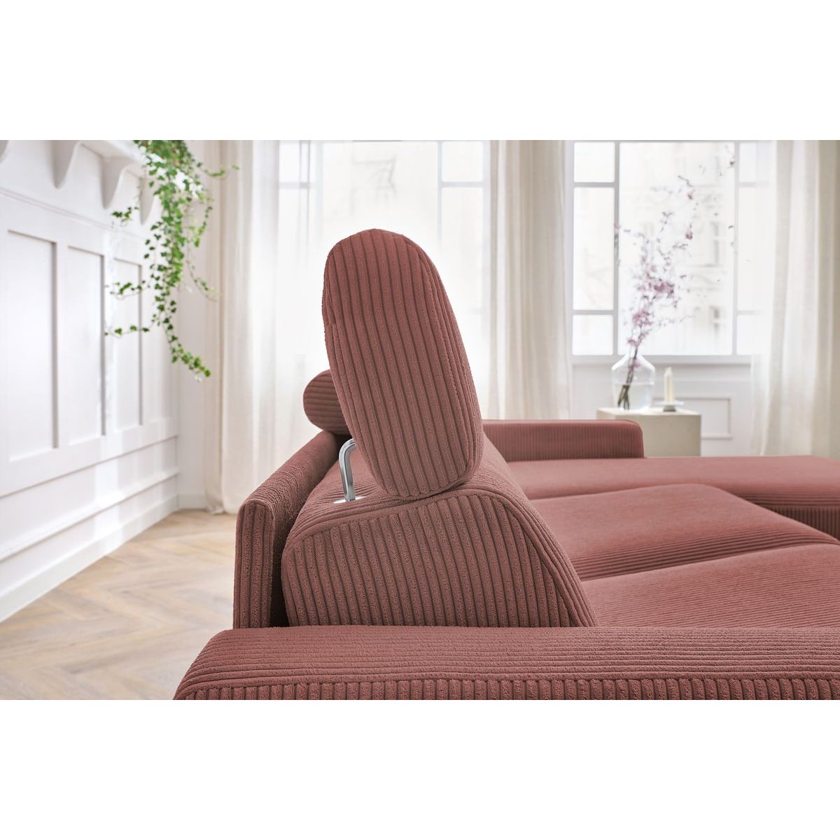 Canapé d'angle convertible 4 places en velours côtelé couchage 140x190 cm, MONACO rose, BOBOCHIC