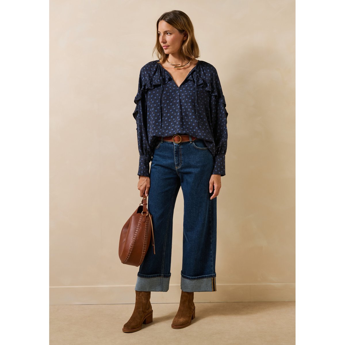 Top manches longues encolure tunisienne bleu, LA FEE MARABOUTEE