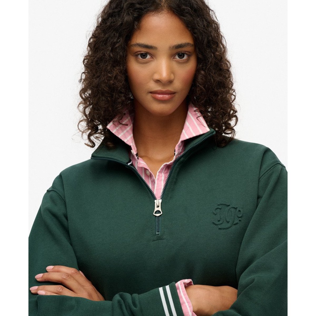 Pull Country Club à Demi-Zip Embossé vert émail, SUPERDRY