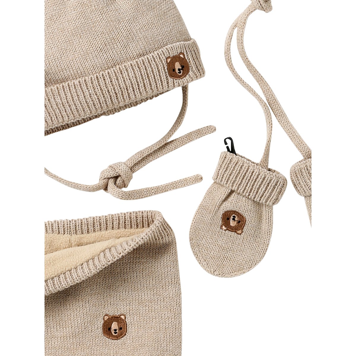 Ensemble bonnet, snood et moufles beige, VERTBAUDET