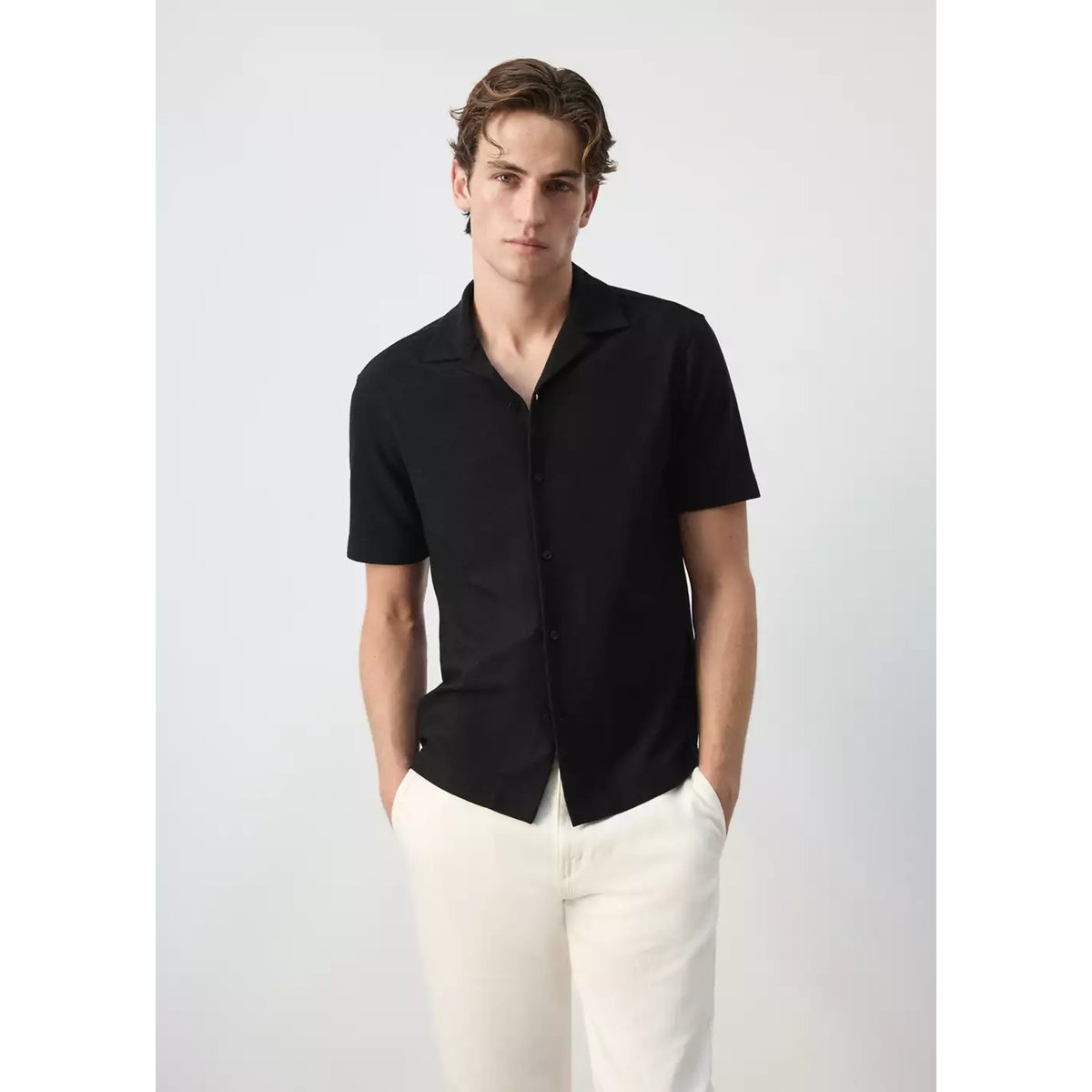 Chemise regular fit en mélange de coton texturé noir, MANGO MAN
