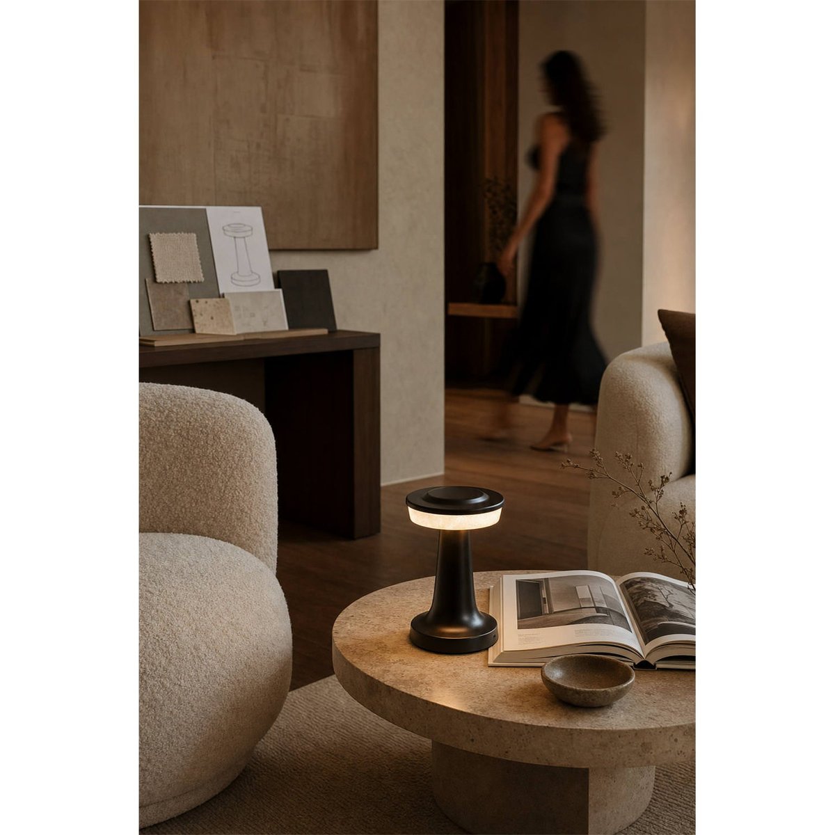Lampe de table portable en albâtre bronze vieilli et naturel, RECOLLECTION