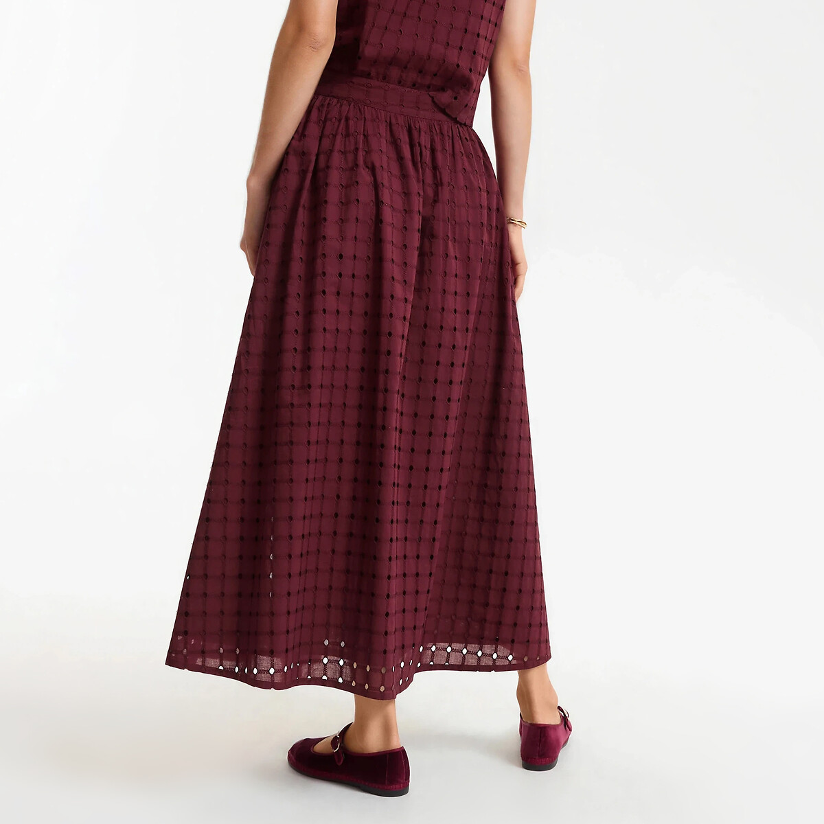 Jupe midi évasée en broderie anglaise marron, LA REDOUTE COLLECTIONS