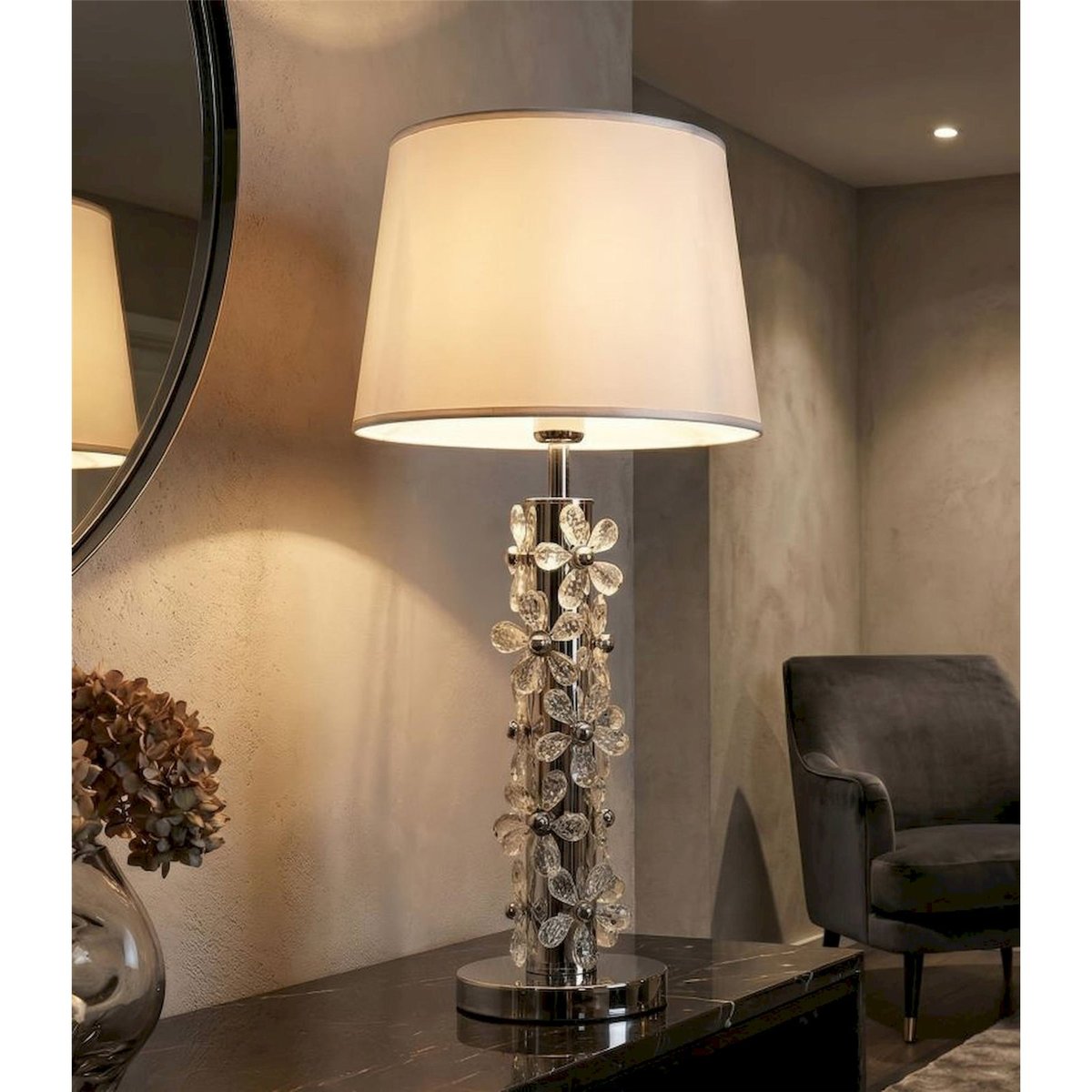 Lampe à poser en fer décor floral GLAM argenté et blanc, RECOLLECTION