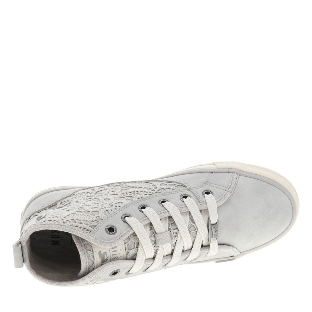 Tennis toile montante grises avec un talon plat et des lacets blancs gris, MUSTANG