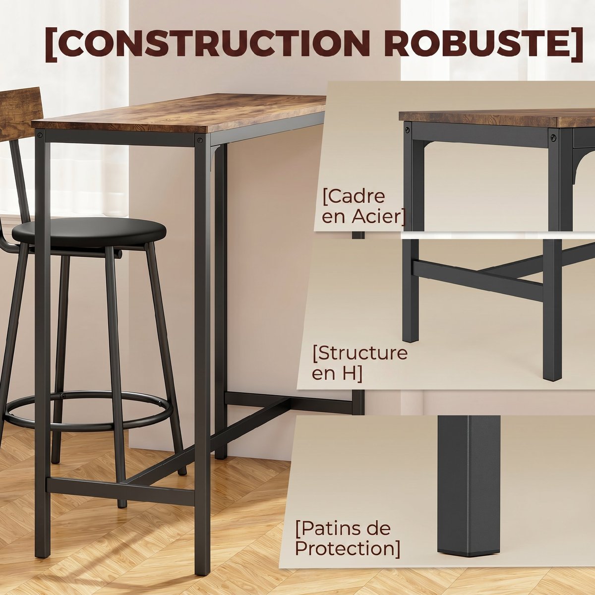 Ensemble de table de bar MDF Brun Rustique brun rustique, noir, HOMCOM
