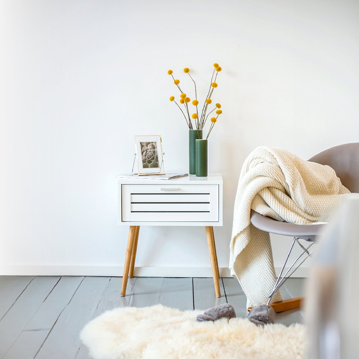 Table d'appoint avec tiroir FINJA blanc et bois, WENKO