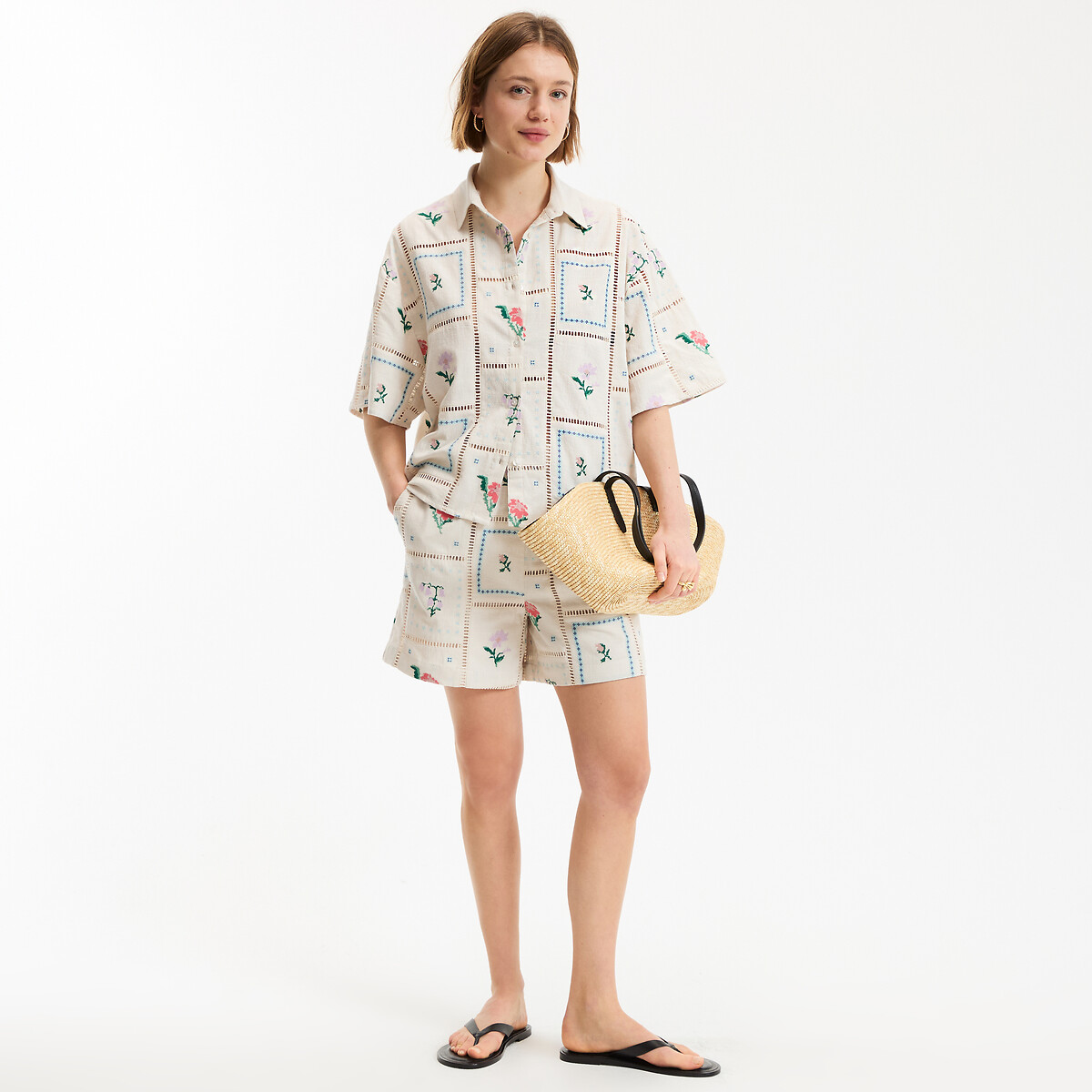 Chemise manches courtes brodée et ajourée ivoire brodé, LA REDOUTE COLLECTIONS