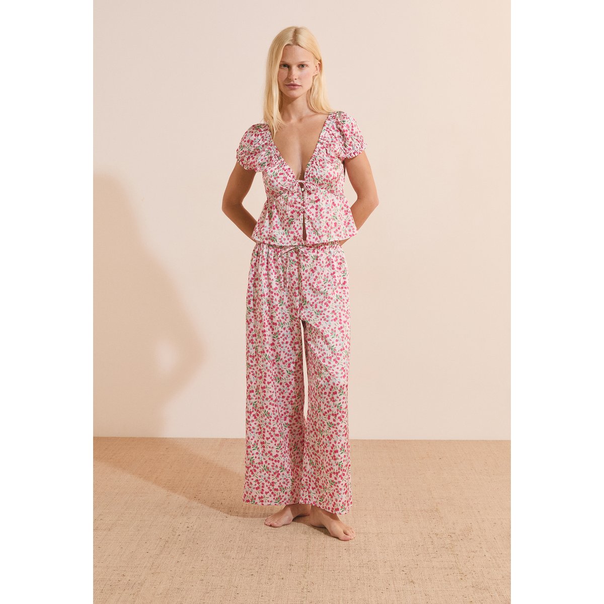 Pantalon de pyjama à motifs fleuris satiné FEUILLINE imp fond rose, ETAM