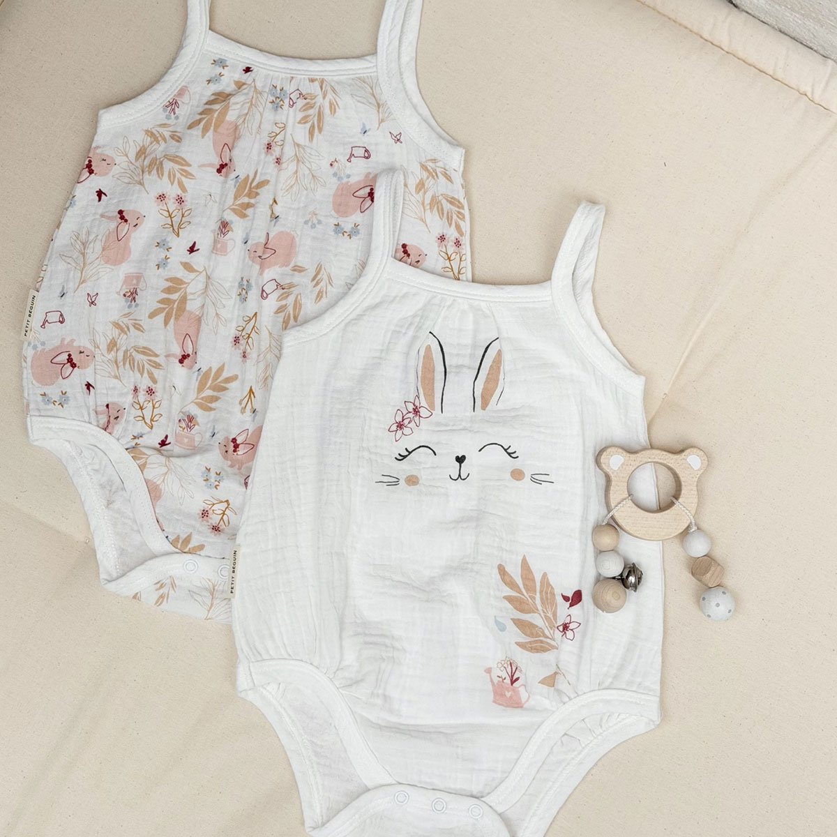 Lot de 2 barboteuses bloomer bébé en gaze de coton Praline ecru, PETIT BEGUIN