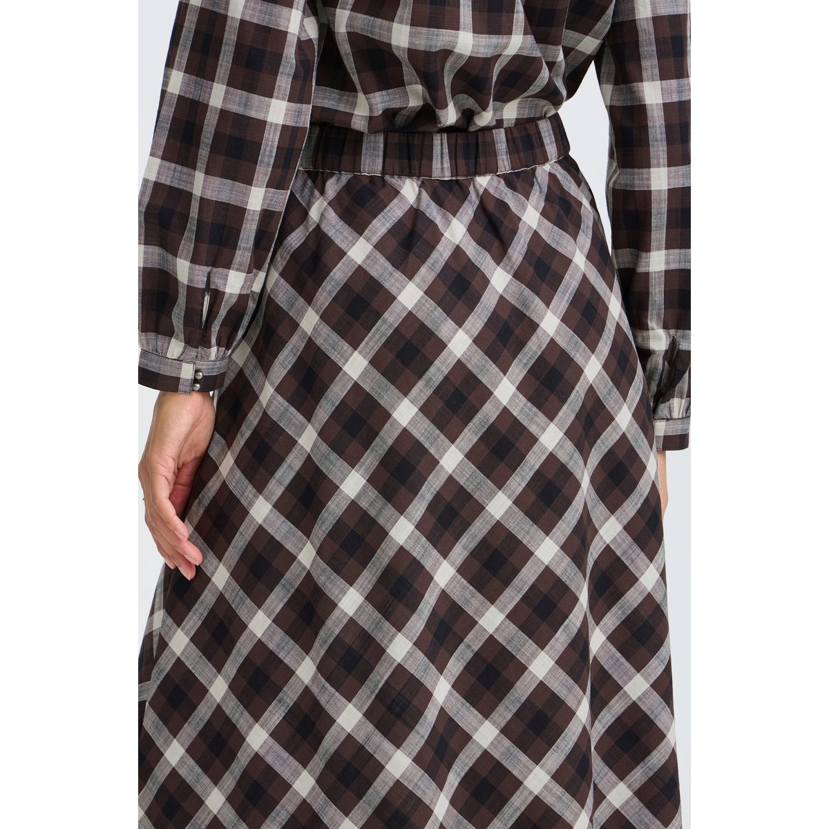 Jupe midi, silhouette évasée, ceinture élastiquée marron java check, B.YOUNG
