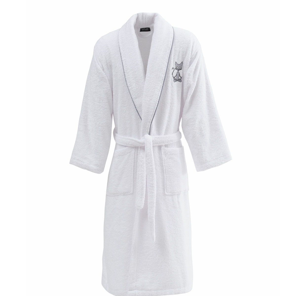 Peignoir brodé col châle 420 g/m² YOGI CAT blanc, SENSEI MAISON
