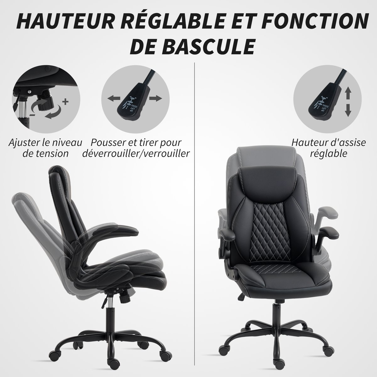 Chaise de bureau Polyuréthane Noir noir, HOMCOM
