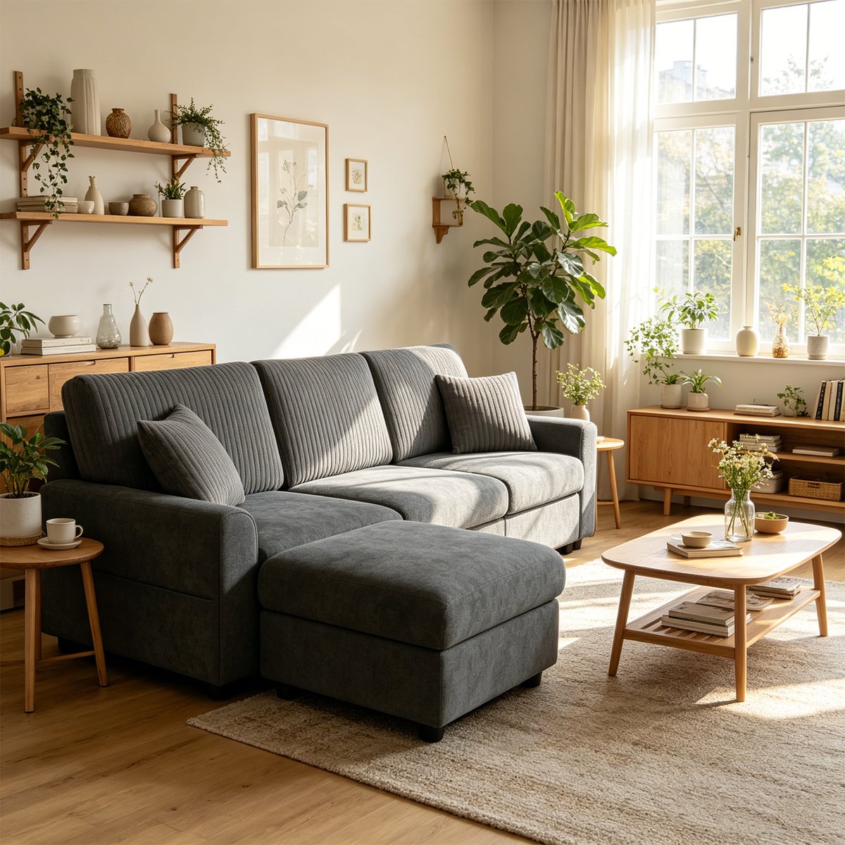 Canapé d'angle réversible chenille et côtelé, VASEA gris foncé, MEUBLES COSY