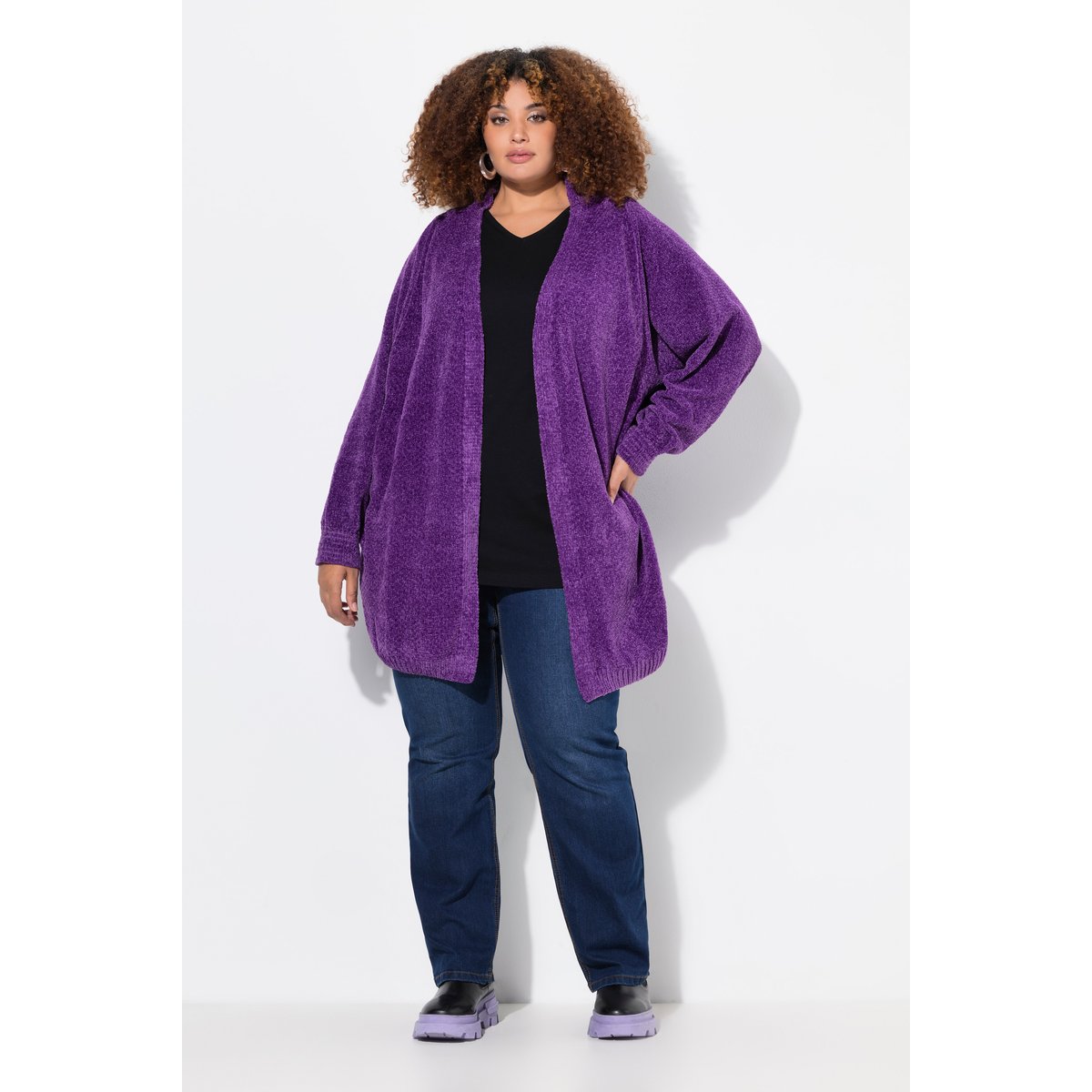 Cardigan oversize en maille de fil chenille violet foncé, ULLA POPKEN