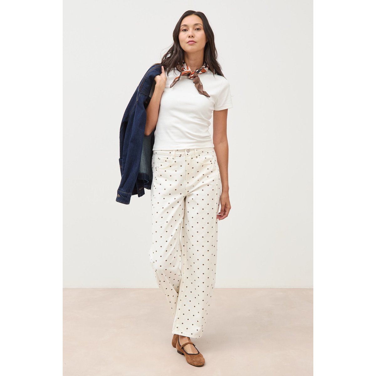 Jeans barrel taille haute bas resserré ecru, BONOBO