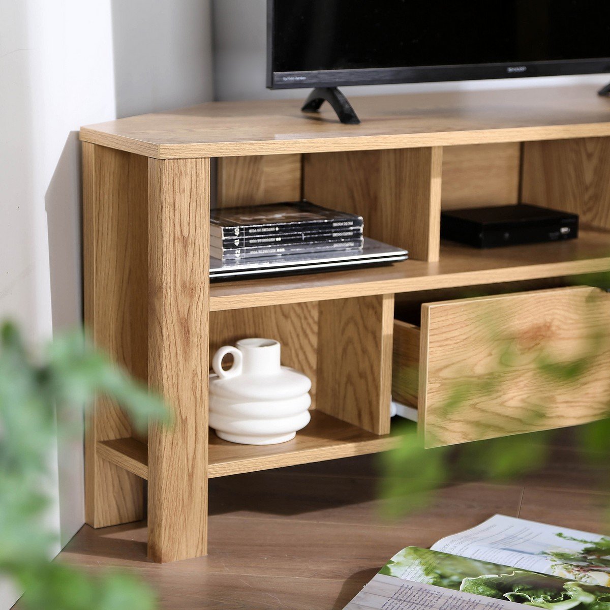 Meuble TV d'Angle 1 Tiroir Décor Chêne - L120 cm bois clair, CALICOSY
