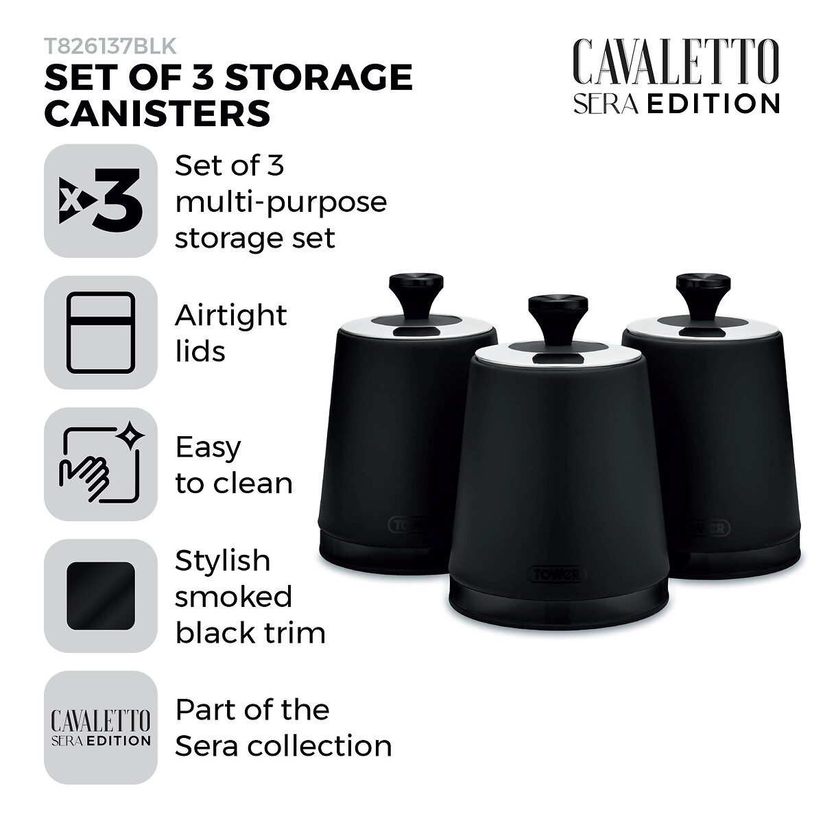 Set of 3 Sera Tea Coffee Sugar Canisters with Smoked Trims black, TOWER