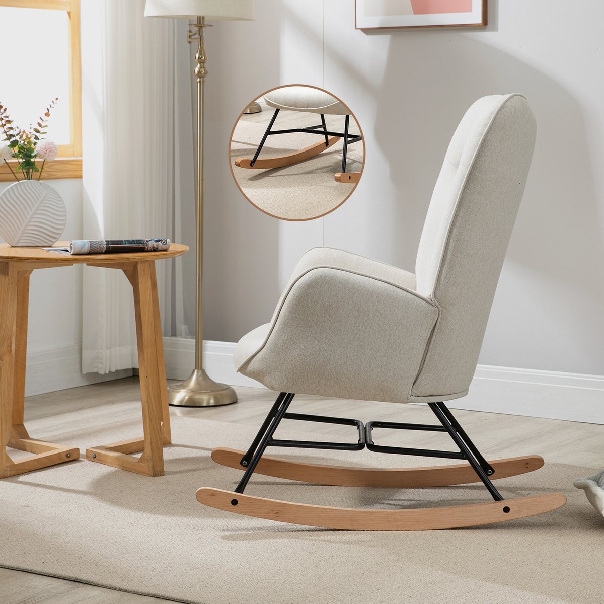 Fauteuil à bascule rocking chair scandinave, EPPING beige, MEUBLES COSY