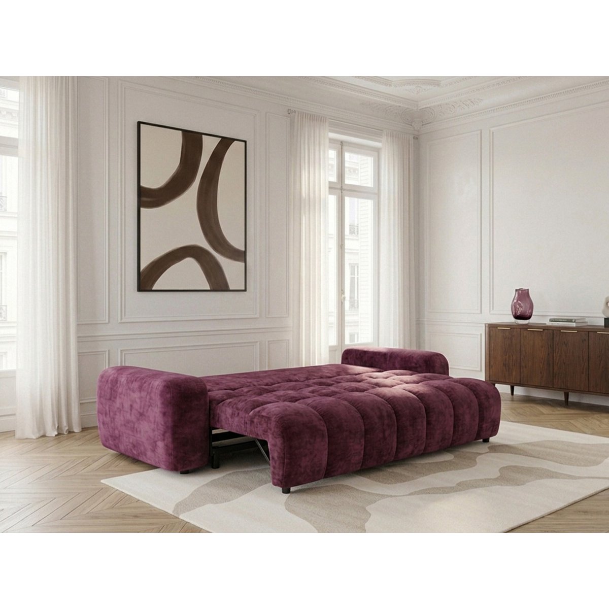 Canapé droit convertible 3 places en tissu lisse, JULES rouge, BOBOCHIC