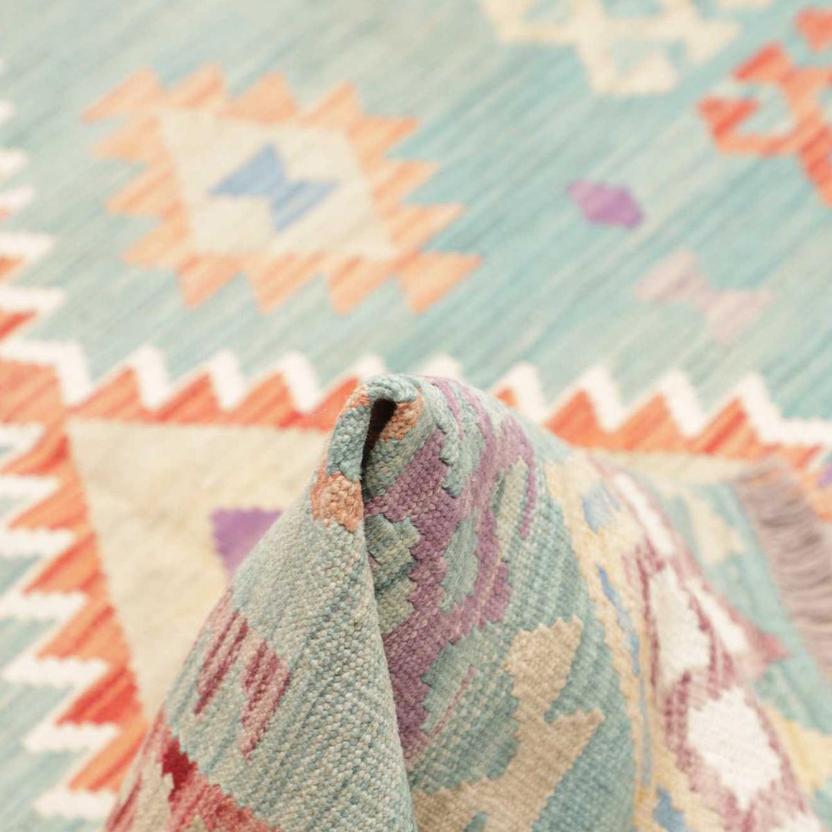 Tapis d'orient géométrique, tissé plat authentique, KILIM 21 bleu, multicolore, orange, UN AMOUR DE TAPIS