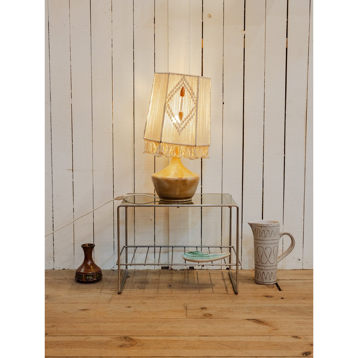 Lampe à poser en céramique et macramé Julia N°1134 - Bon état beige, DEBONGOUT