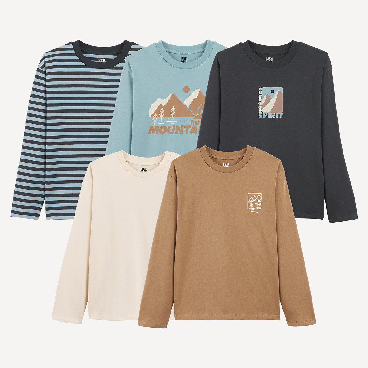 Lot de 5 T-shirts col rond, à manches longues, thème montagne multicolore, LA REDOUTE COLLECTIONS