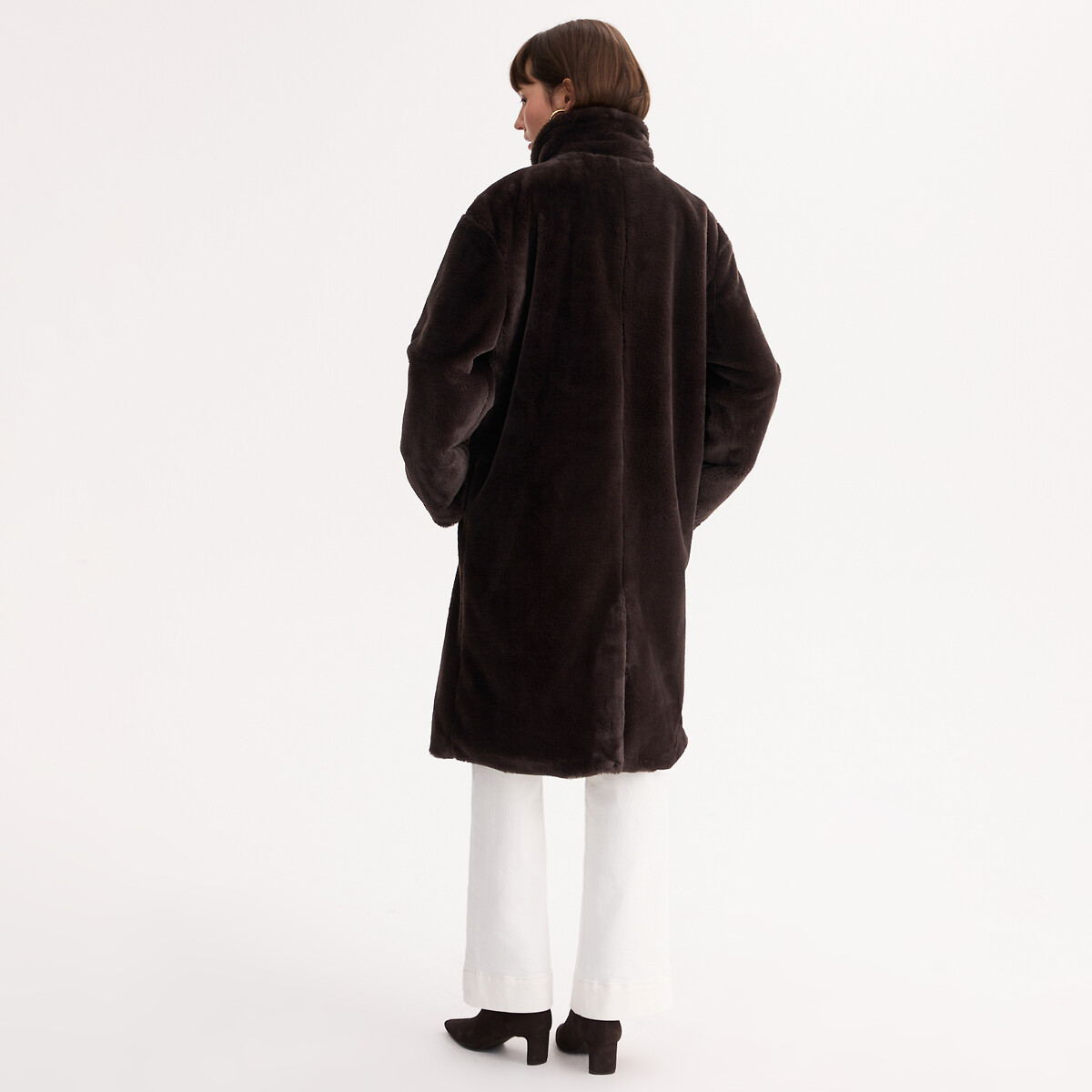 Long Coat in Fluffy Fabric with High Neck and Button Fastening brown, ANNE WEYBURN