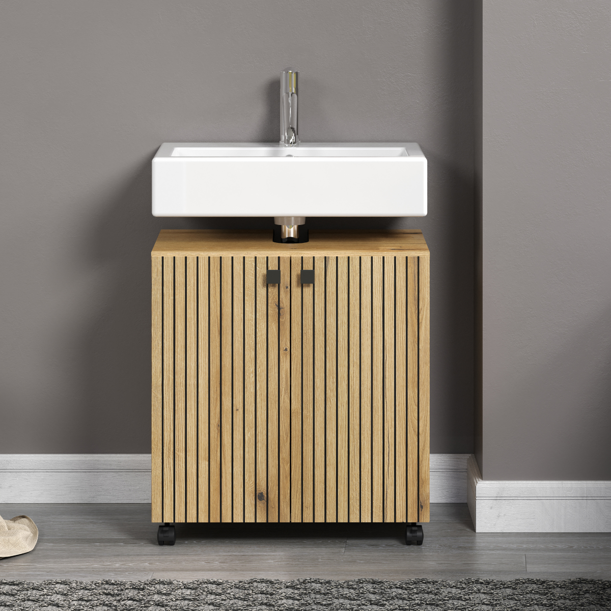 Meuble sous vasque sur roulettes 2 portes L60 cm - PUREBLISS chêne blond et noir mat, CALICOSY