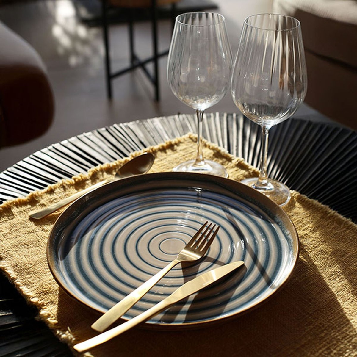 Lot de 6 assiettes plates 27cm en faïence, SPIRALE bleu, NOVASTYL