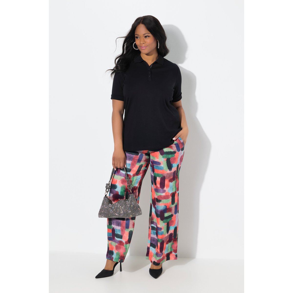 Pantalon en satin imprimé. Taille élastique noir, ULLA POPKEN