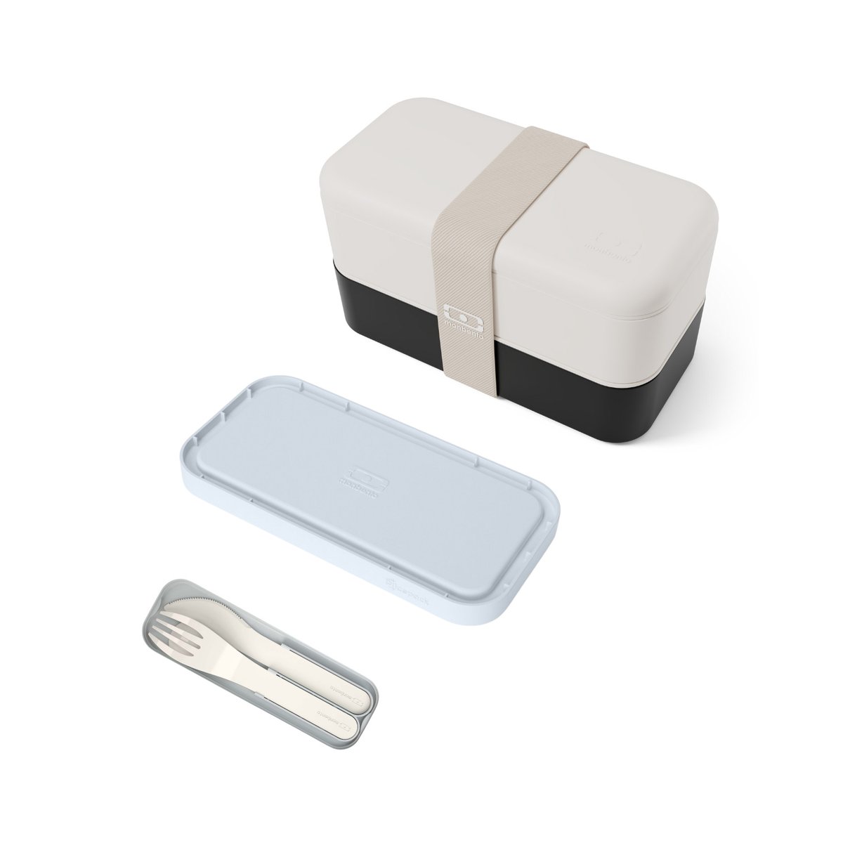 Set repas lunch box 2 étages 1L avec accessoires beige/noir, MONBENTO