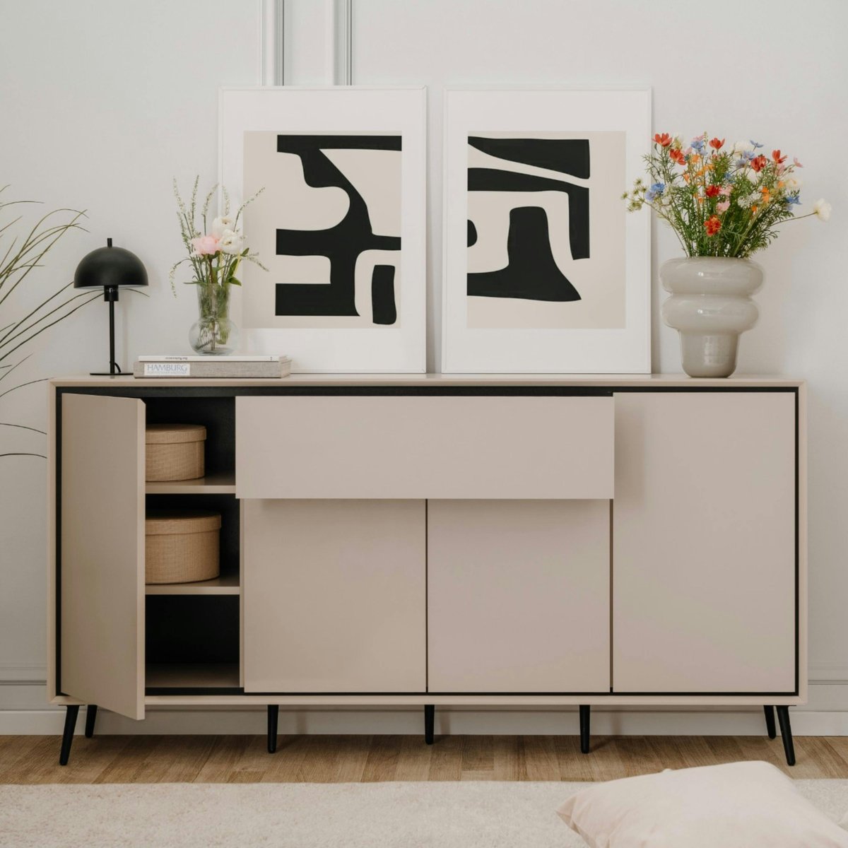 Buffet moderne taupe 4 portes 1 tiroir AVIO beige, PIER IMPORT