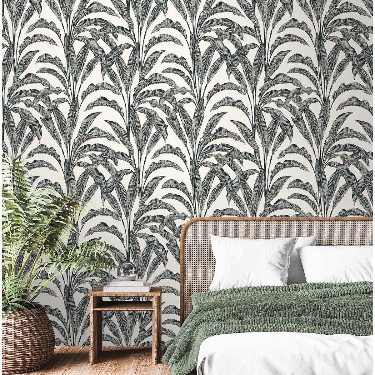 Papier peint feuilles bananier tropical noir blanc gris, HEXOA
