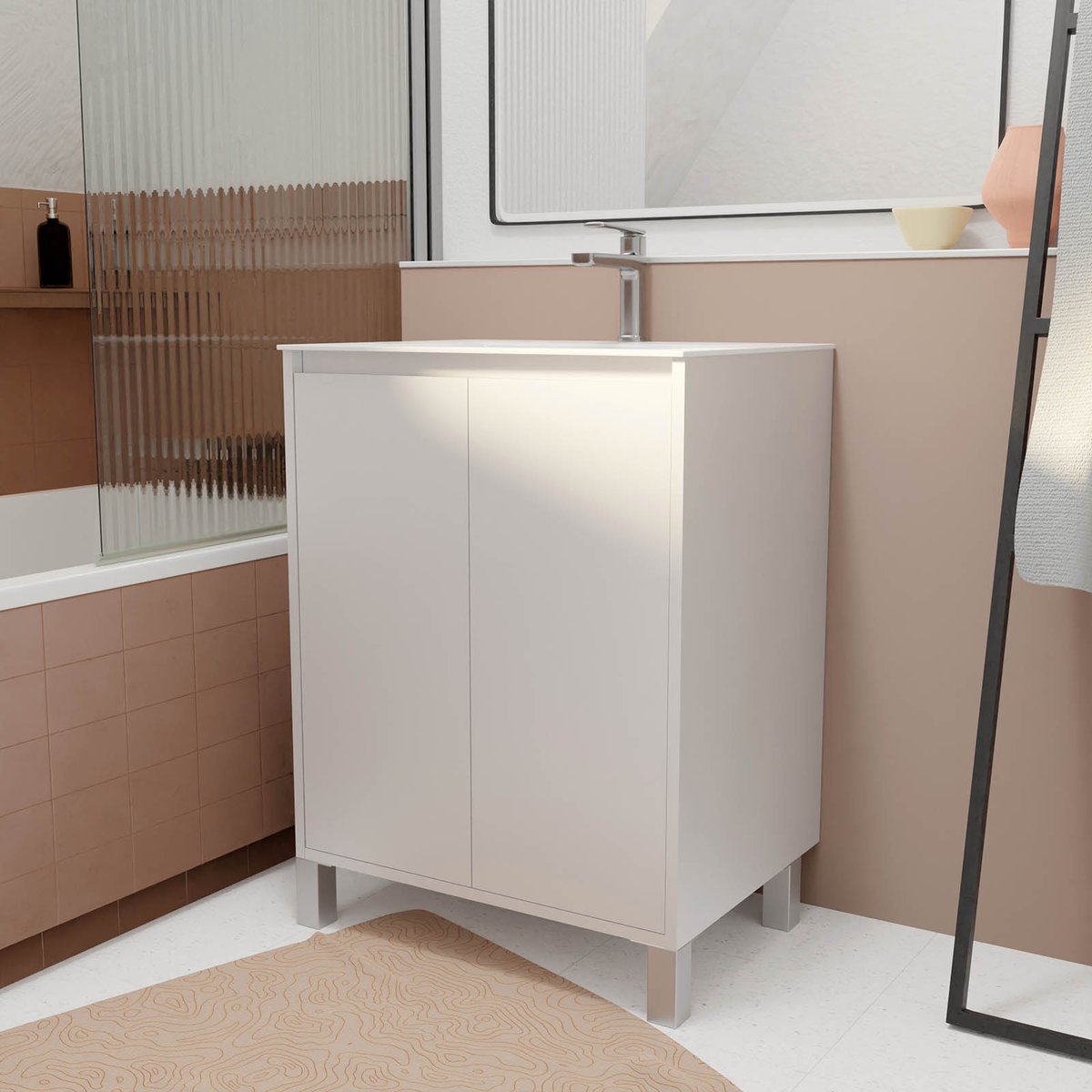 Meuble de salle de bains sur pieds avec 2 portes et vasque blanc, HOME MAISON
