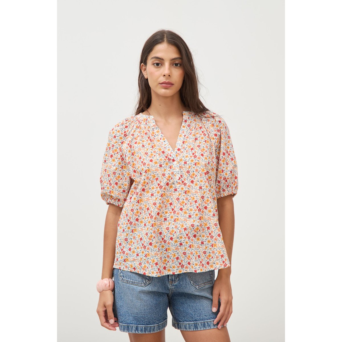 Blouse droite en coton manches courtes orange foncé, BONOBO